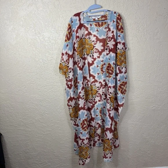 Womens Bohemian Floral Longline Kimono Open Duster Cardigan One Size Resort Pool - Picture 8 of 9
